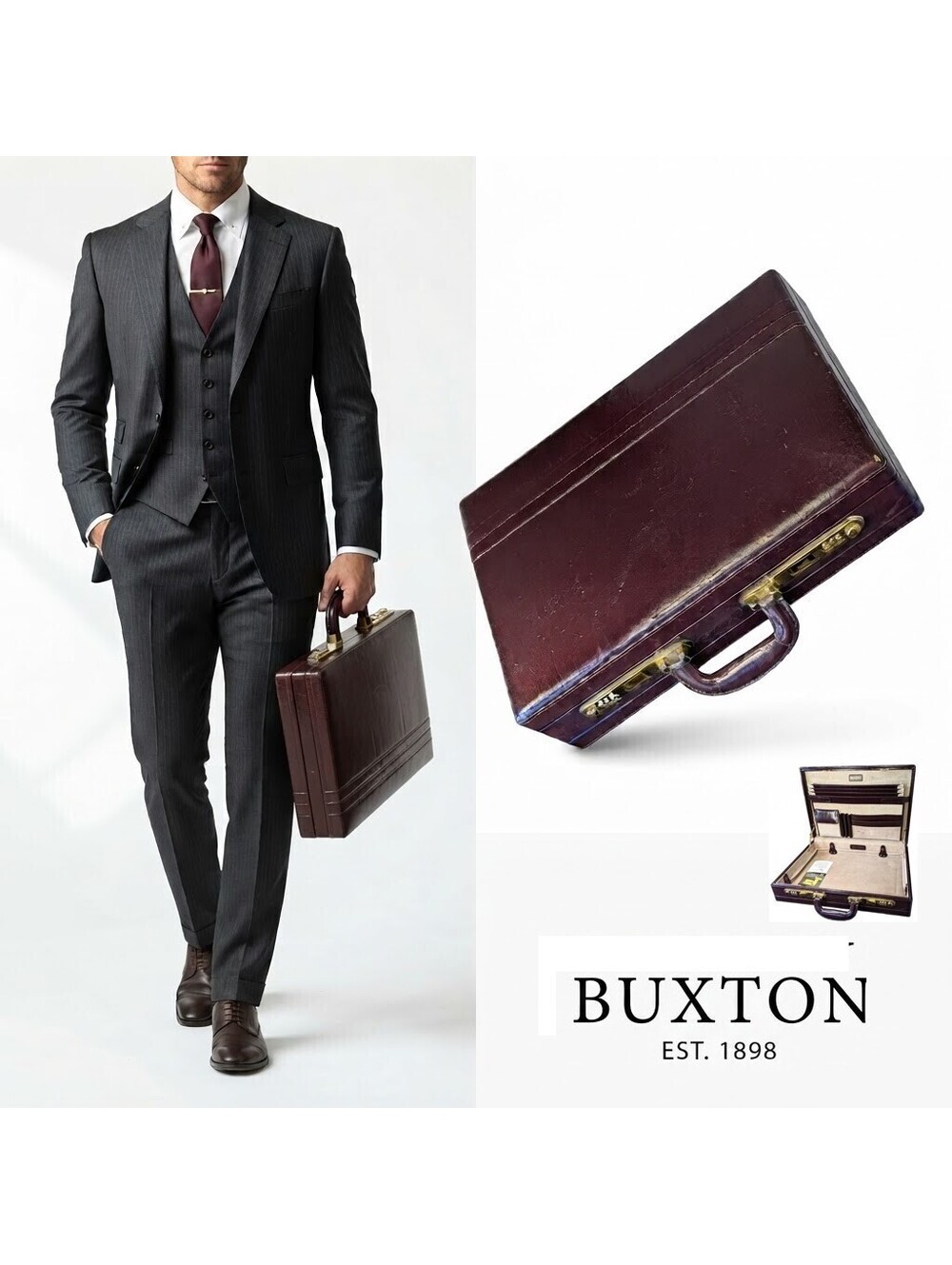 Buxton Briefcase Hard Case Expandable Brown Leather Thailand